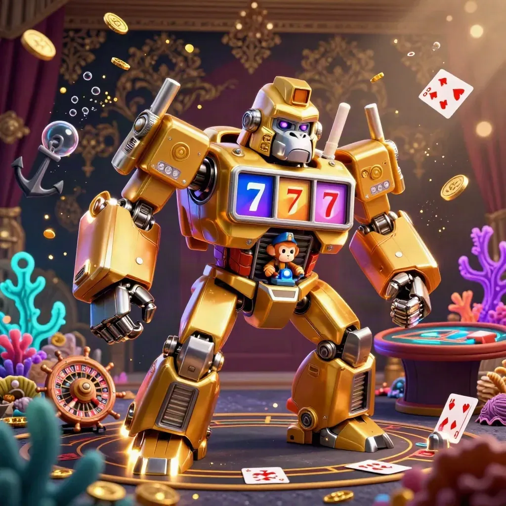 Golden gorilla slot mech with tiny monkey pilot amid treasure cove, cards, roulette wheel, and casino glow.