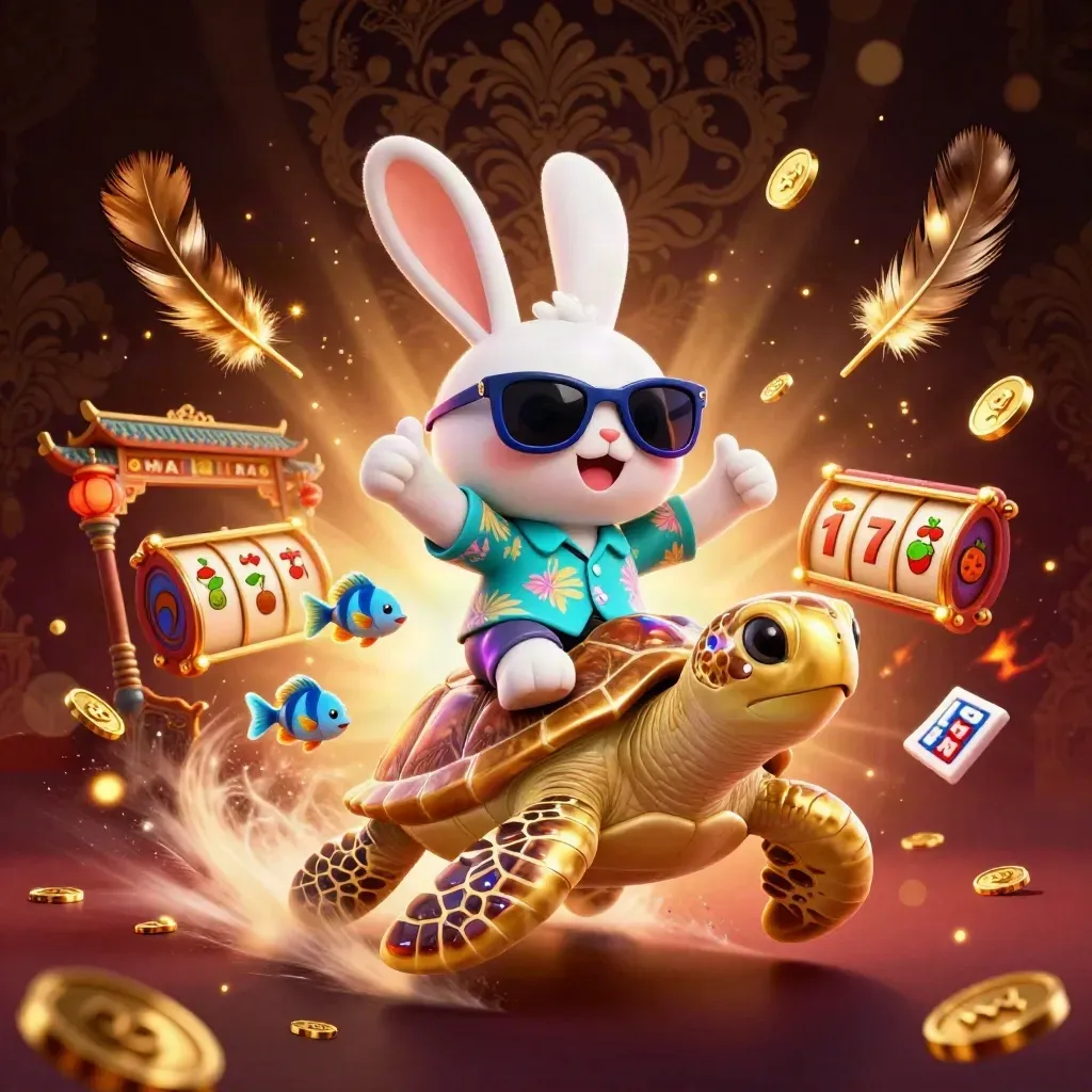 Lucky rabbit on a golden sea turtle amid casino treasures, neon glow, temple gate and bokeh.