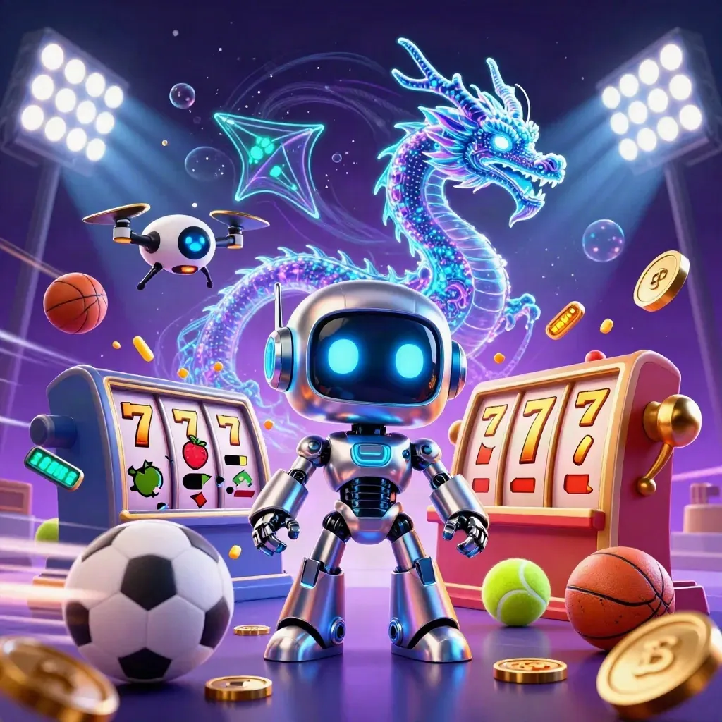 Cyberpunk robot, holographic dragon, and coin drone amid sports balls, coins, trophy, and neon casino glow.