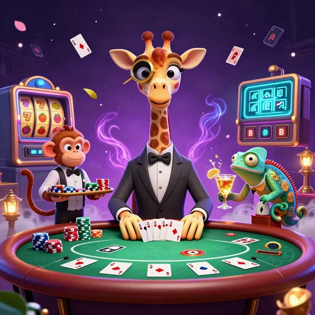 Giraffe, monkey, and chameleon in a neon casino scene with chips and cards.