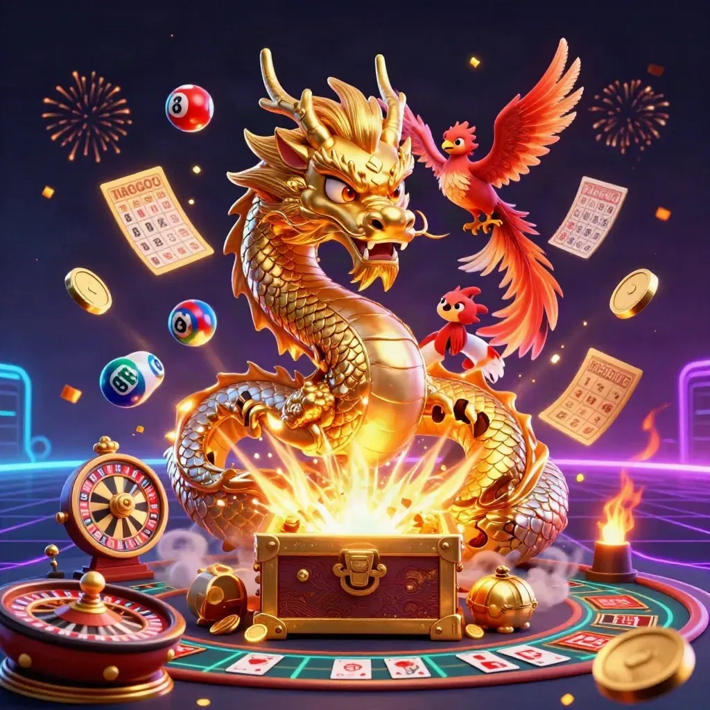 Golden dragon, phoenix, koi, coins, fireworks, and casino game icons in a neon dark fantasy scene