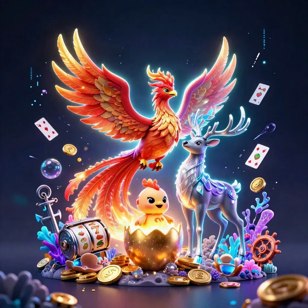 Phoenix, baby phoenix, and crystal stag amid treasure, cards, reels, and neon casino effects.